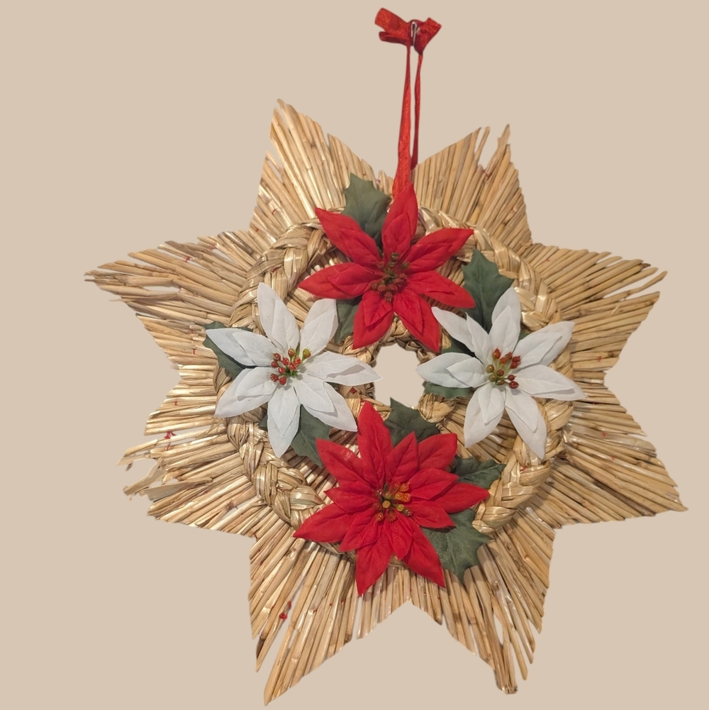 Vintage Holiday Swedish‎ Braided Straw Star Christmas Wreath Poinsettia Rare